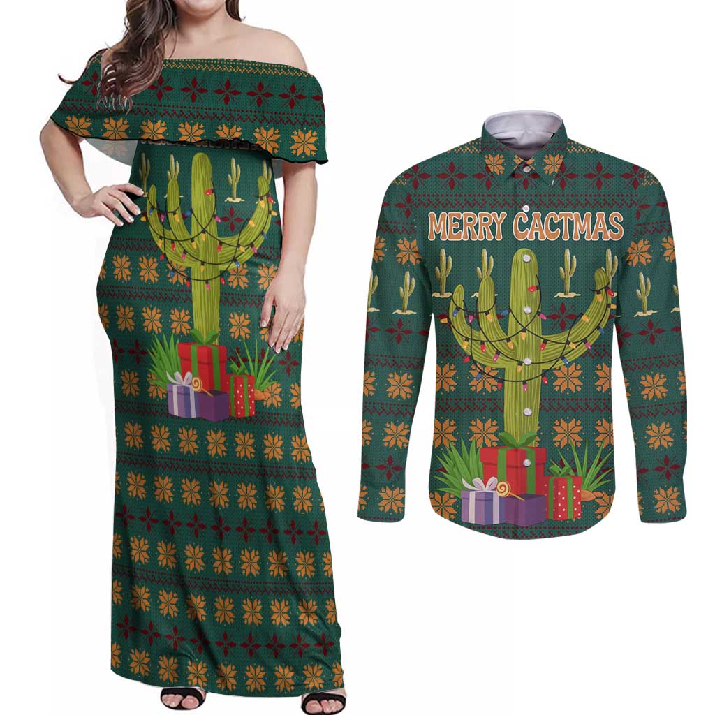Cactus Gifts Christmas Couples Matching Off Shoulder Maxi Dress and Long Sleeve Button Shirt Xmas Holiday Patterns - Wonder Print Shop