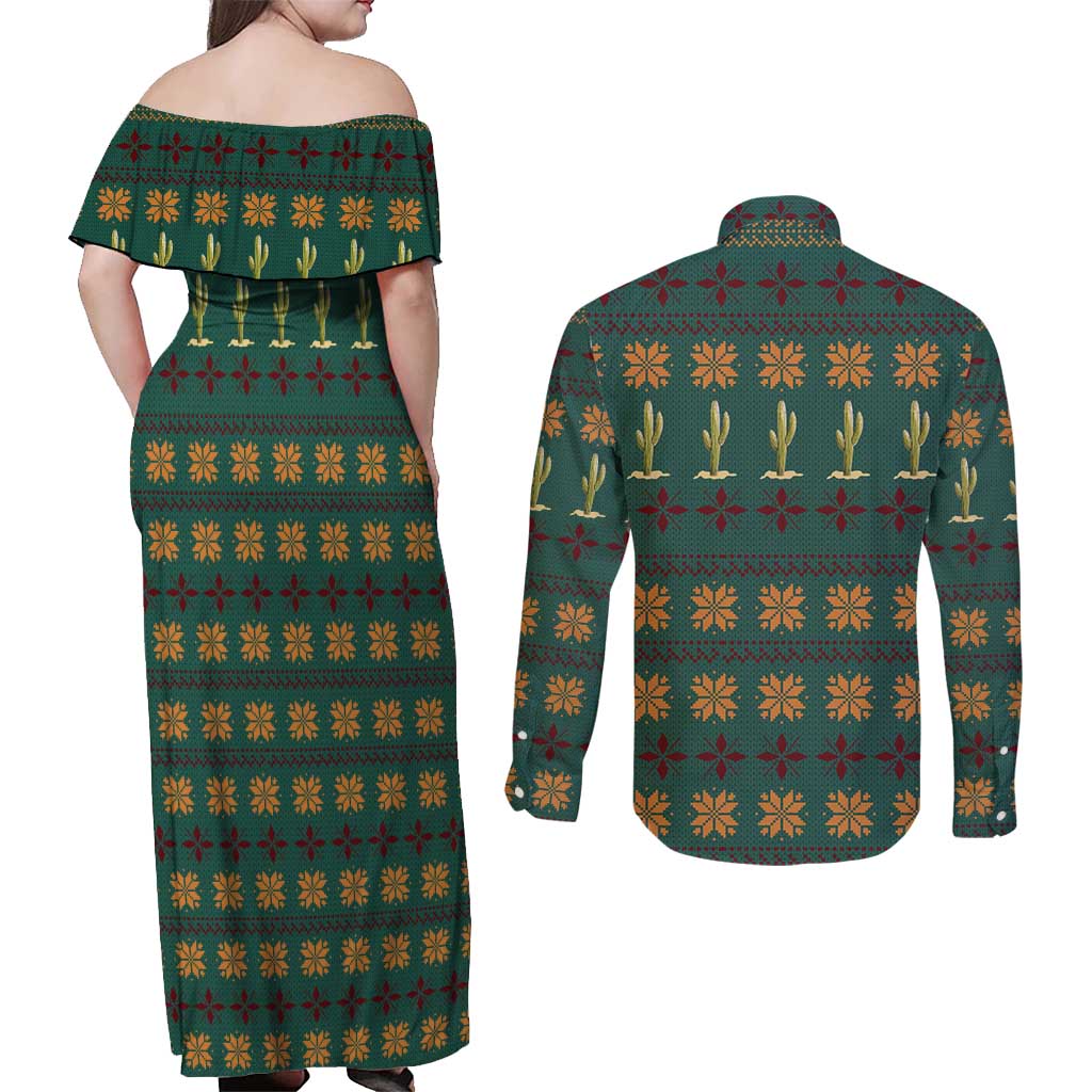 Cactus Gifts Christmas Couples Matching Off Shoulder Maxi Dress and Long Sleeve Button Shirt Xmas Holiday Patterns - Wonder Print Shop