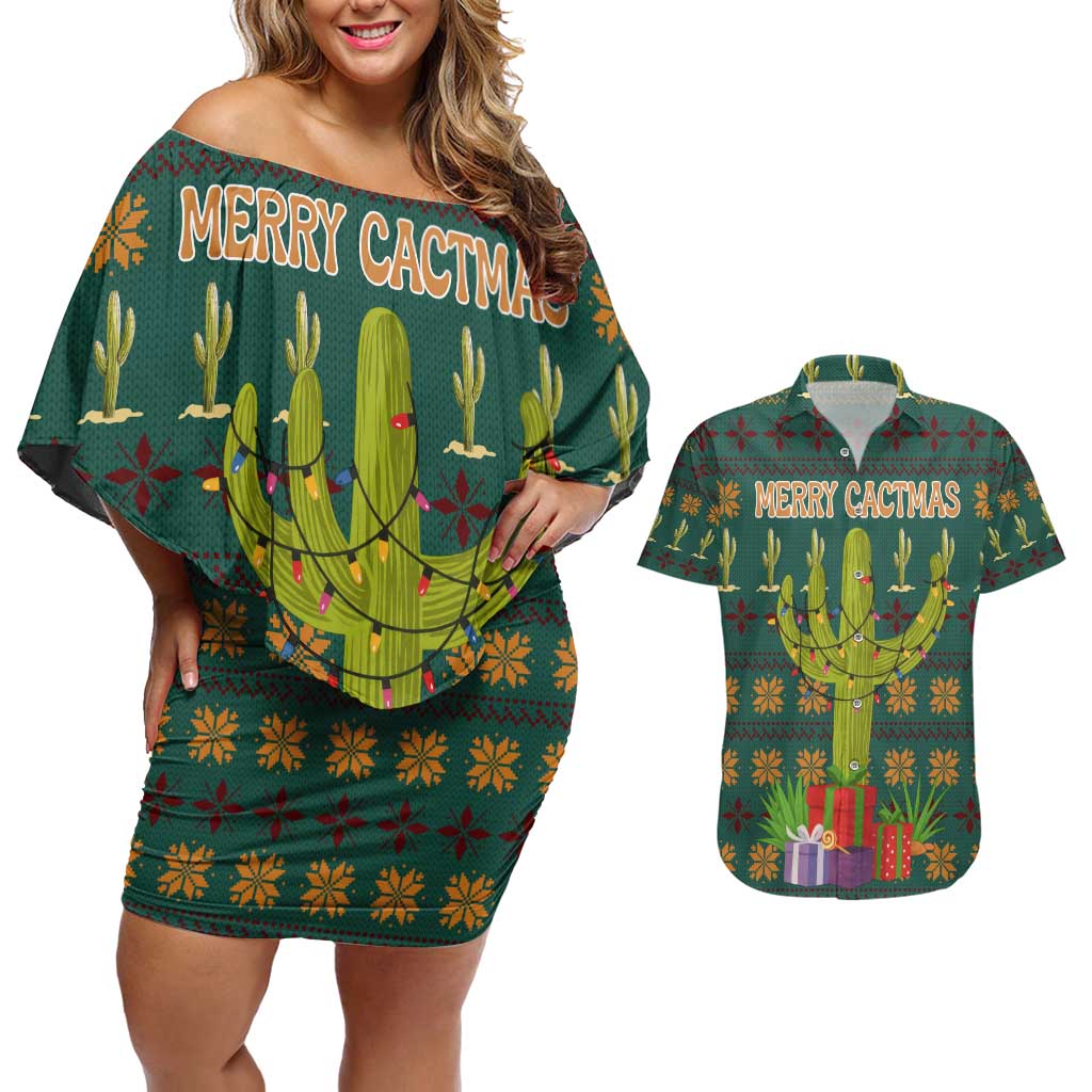 Cactus Gifts Christmas Couples Matching Off Shoulder Short Dress and Hawaiian Shirt Xmas Holiday Patterns - Wonder Print Shop