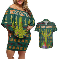 Cactus Gifts Christmas Couples Matching Off Shoulder Short Dress and Hawaiian Shirt Xmas Holiday Patterns - Wonder Print Shop