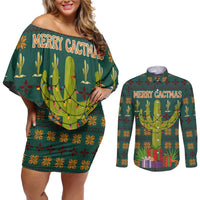 Cactus Gifts Christmas Couples Matching Off Shoulder Short Dress and Long Sleeve Button Shirt Xmas Holiday Patterns - Wonder Print Shop