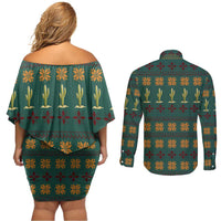 Cactus Gifts Christmas Couples Matching Off Shoulder Short Dress and Long Sleeve Button Shirt Xmas Holiday Patterns - Wonder Print Shop