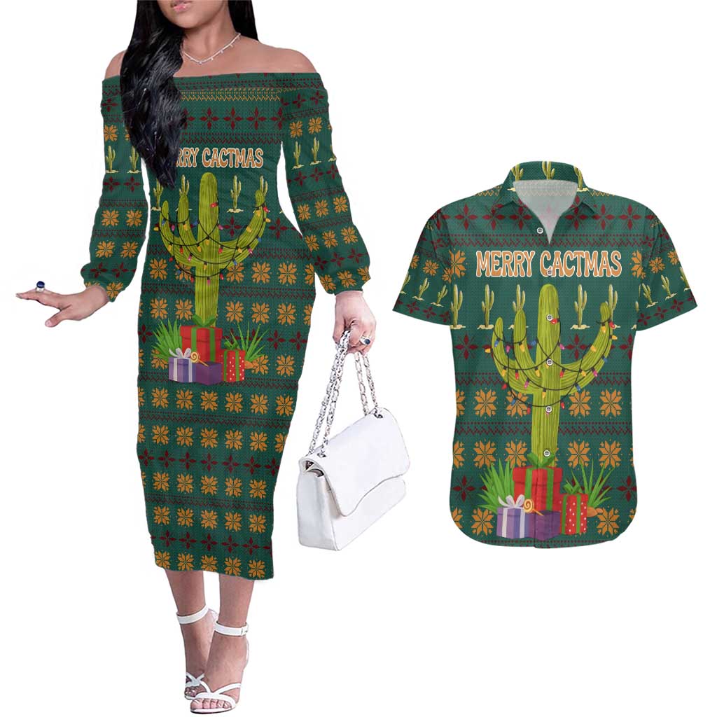 Cactus Gifts Christmas Couples Matching Off The Shoulder Long Sleeve Dress and Hawaiian Shirt Xmas Holiday Patterns - Wonder Print Shop