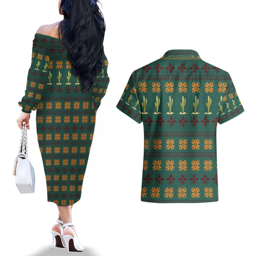 Cactus Gifts Christmas Couples Matching Off The Shoulder Long Sleeve Dress and Hawaiian Shirt Xmas Holiday Patterns - Wonder Print Shop