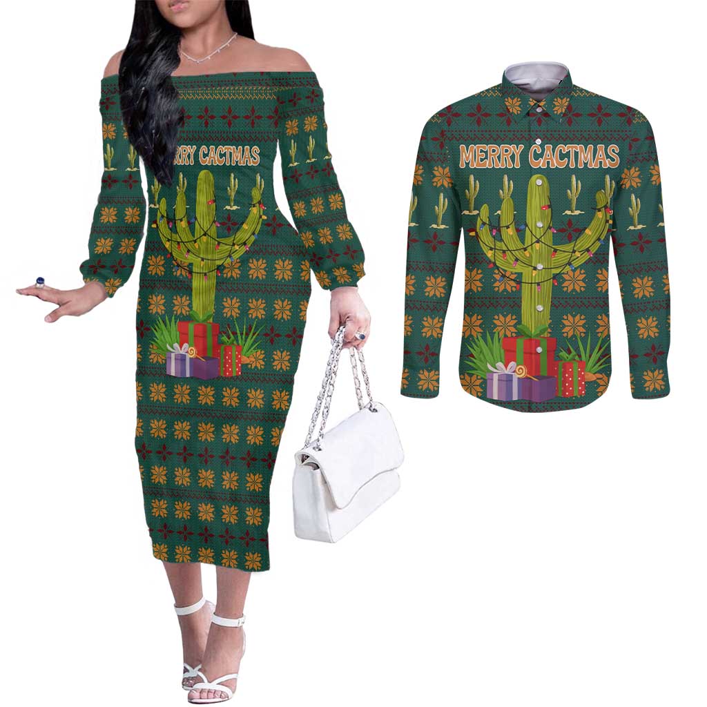 Cactus Gifts Christmas Couples Matching Off The Shoulder Long Sleeve Dress and Long Sleeve Button Shirt Xmas Holiday Patterns - Wonder Print Shop
