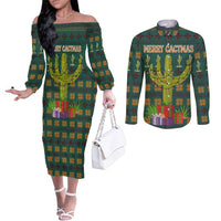 Cactus Gifts Christmas Couples Matching Off The Shoulder Long Sleeve Dress and Long Sleeve Button Shirt Xmas Holiday Patterns - Wonder Print Shop