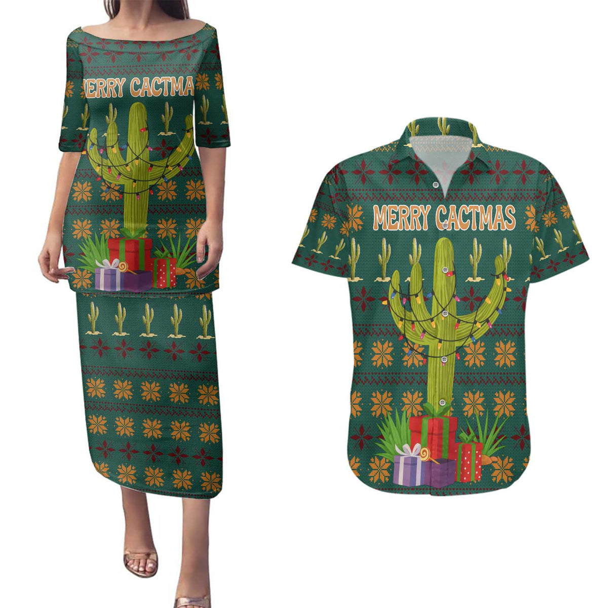 Cactus Gifts Christmas Couples Matching Puletasi and Hawaiian Shirt Xmas Holiday Patterns - Wonder Print Shop