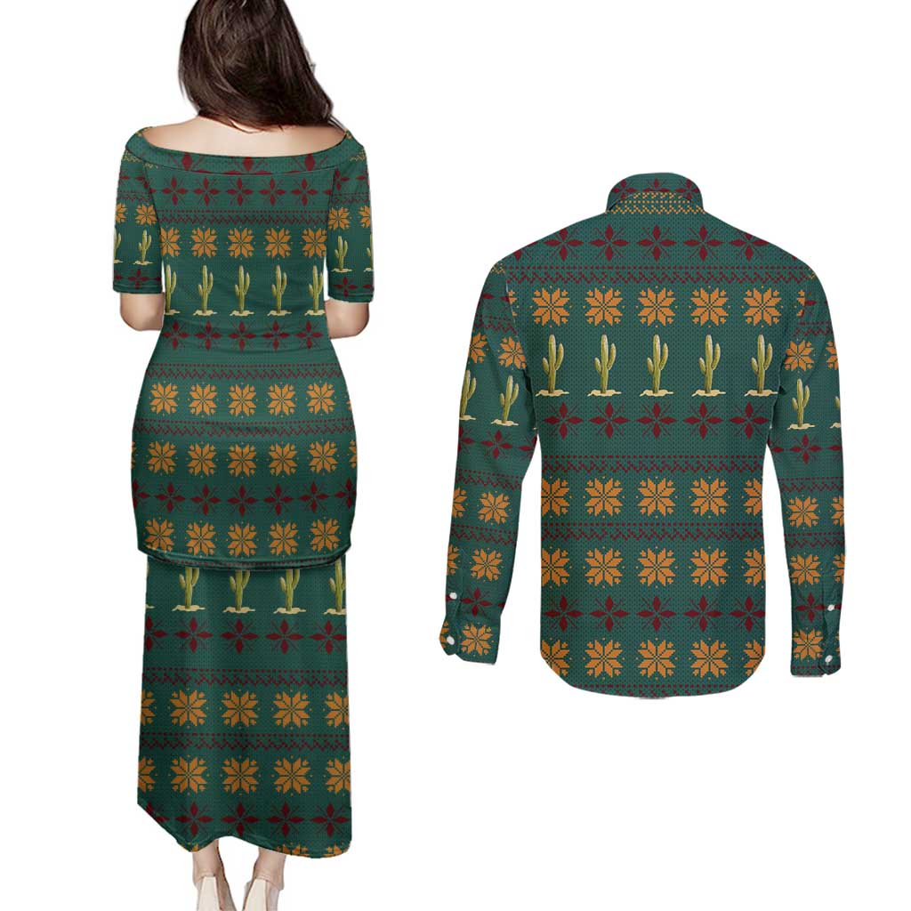 Cactus Gifts Christmas Couples Matching Puletasi and Long Sleeve Button Shirt Xmas Holiday Patterns - Wonder Print Shop