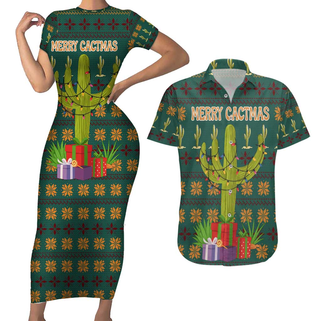 Cactus Gifts Christmas Couples Matching Short Sleeve Bodycon Dress and Hawaiian Shirt Xmas Holiday Patterns - Wonder Print Shop