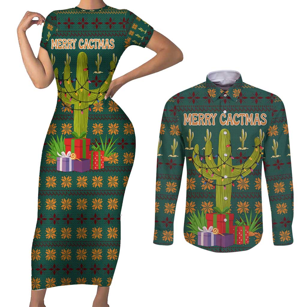 Cactus Gifts Christmas Couples Matching Short Sleeve Bodycon Dress and Long Sleeve Button Shirt Xmas Holiday Patterns - Wonder Print Shop
