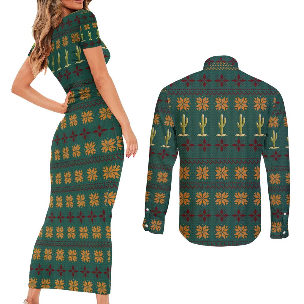 Cactus Gifts Christmas Couples Matching Short Sleeve Bodycon Dress and Long Sleeve Button Shirt Xmas Holiday Patterns - Wonder Print Shop