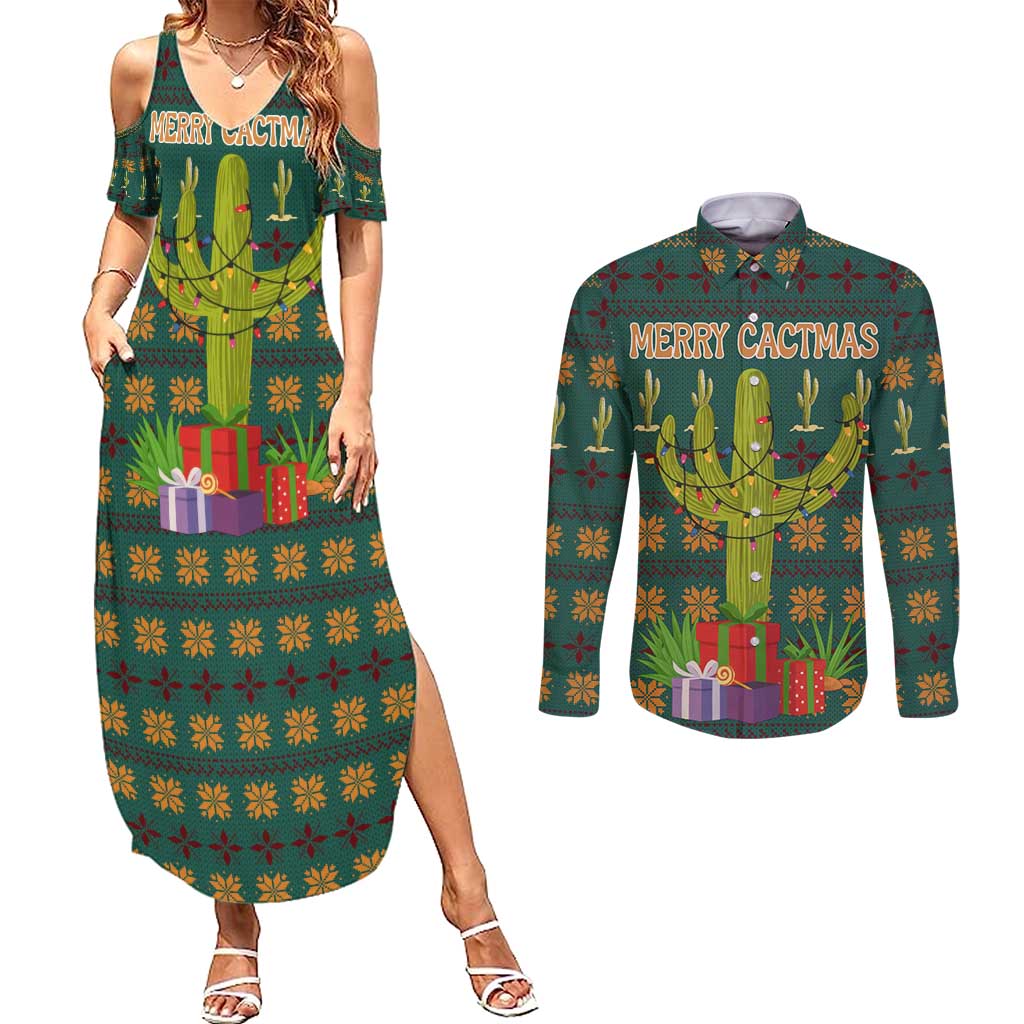 Cactus Gifts Christmas Couples Matching Summer Maxi Dress and Long Sleeve Button Shirt Xmas Holiday Patterns - Wonder Print Shop