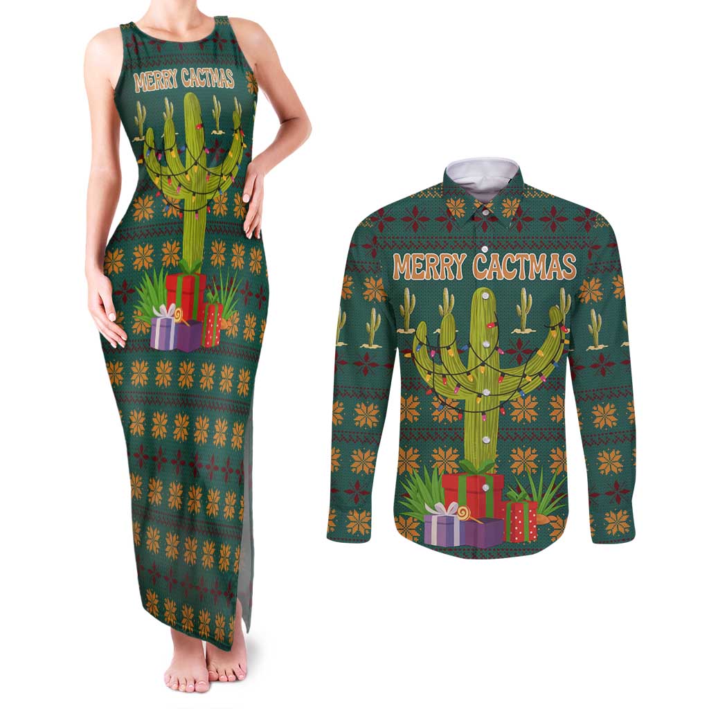 Cactus Gifts Christmas Couples Matching Tank Maxi Dress and Long Sleeve Button Shirt Xmas Holiday Patterns - Wonder Print Shop