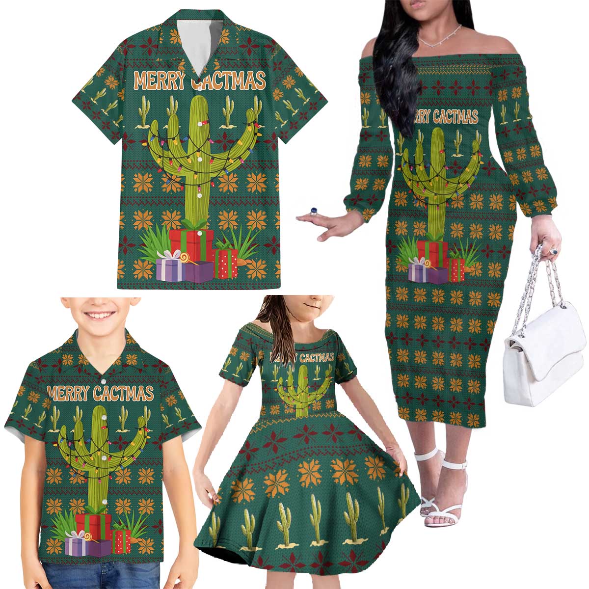 Cactus Gifts Christmas Family Matching Off The Shoulder Long Sleeve Dress and Hawaiian Shirt Xmas Holiday Patterns - Wonder Print Shop