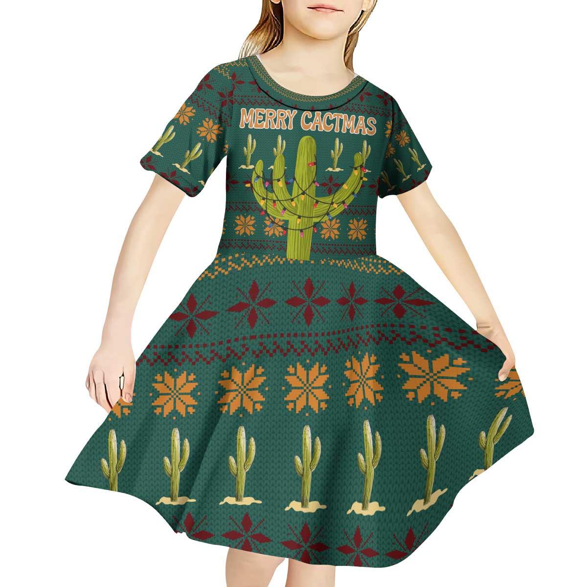 Cactus Gifts Christmas Kid Short Sleeve Dress Xmas Holiday Patterns - Wonder Print Shop