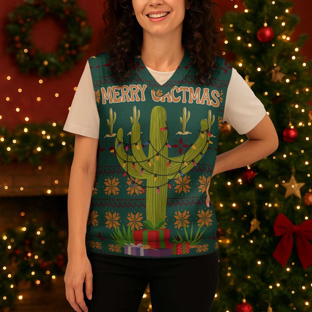 Cactus Gifts Christmas Knitted V-Neck Vest Xmas Holiday Patterns - Wonder Print Shop