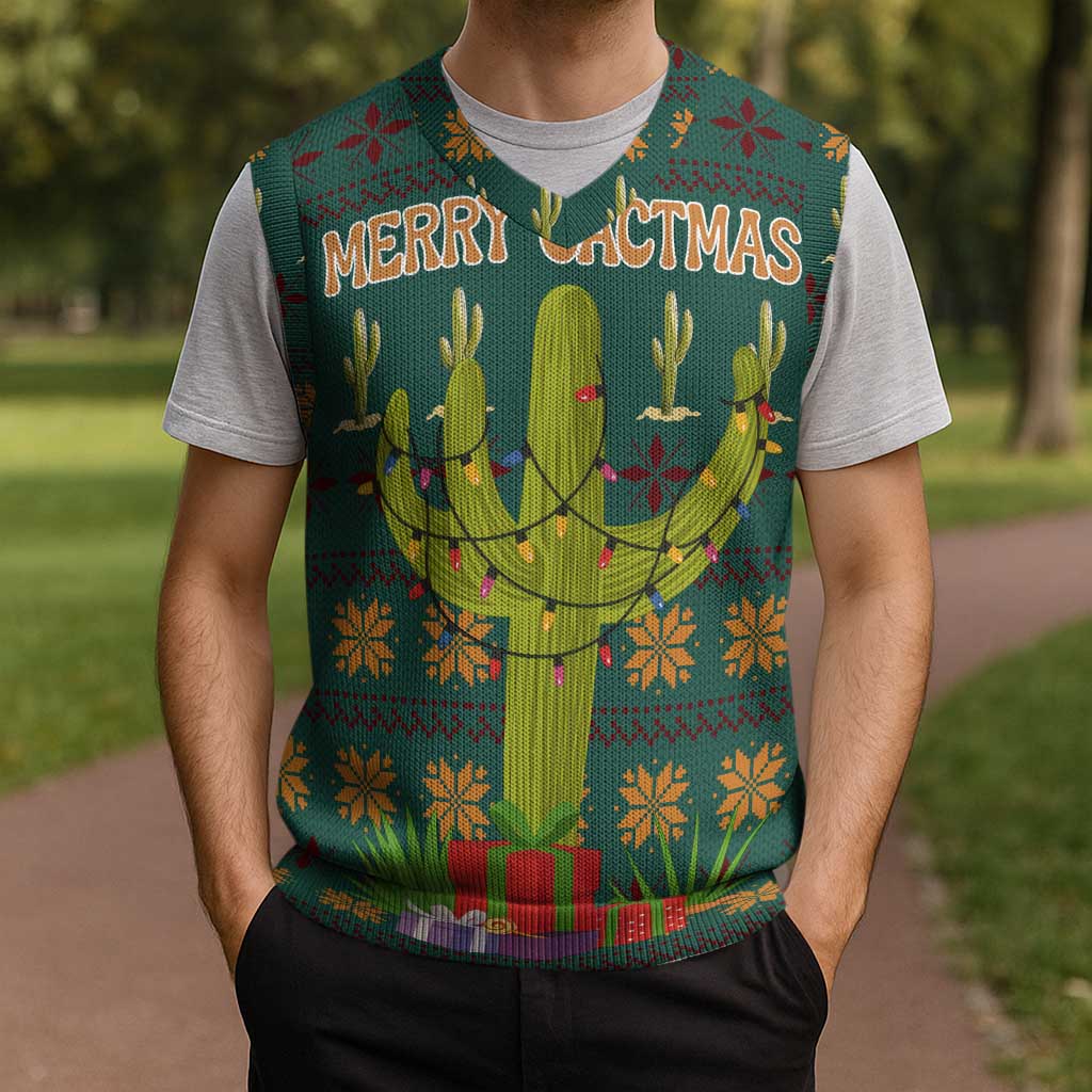 Cactus Gifts Christmas Knitted V-Neck Vest Xmas Holiday Patterns - Wonder Print Shop