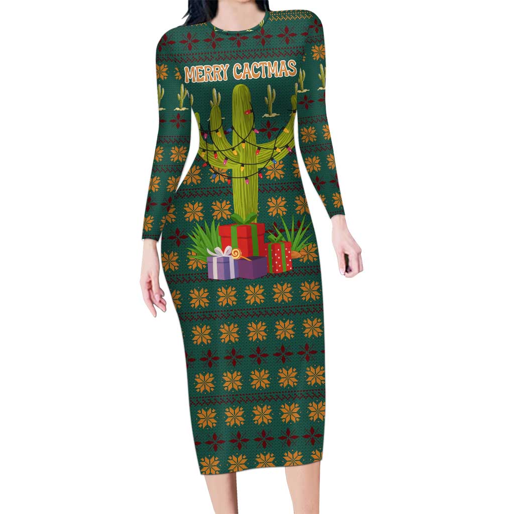 Cactus Gifts Christmas Long Sleeve Bodycon Dress Xmas Holiday Patterns - Wonder Print Shop