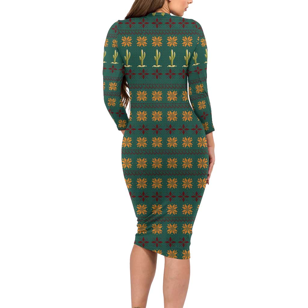 Cactus Gifts Christmas Long Sleeve Bodycon Dress Xmas Holiday Patterns - Wonder Print Shop
