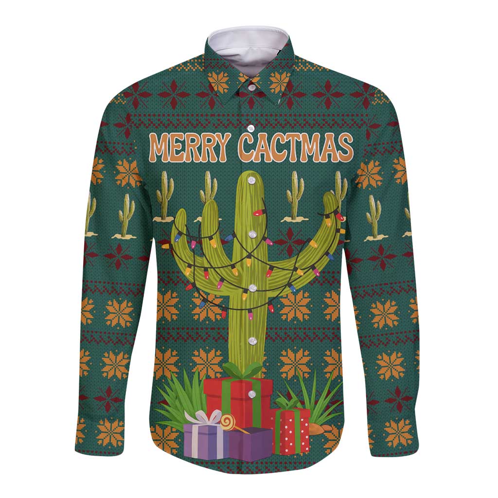Cactus Gifts Christmas Long Sleeve Button Shirt Xmas Holiday Patterns - Wonder Print Shop