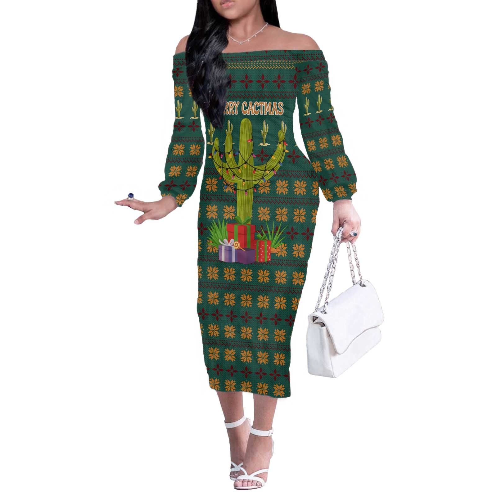 Cactus Gifts Christmas Off The Shoulder Long Sleeve Dress Xmas Holiday Patterns - Wonder Print Shop