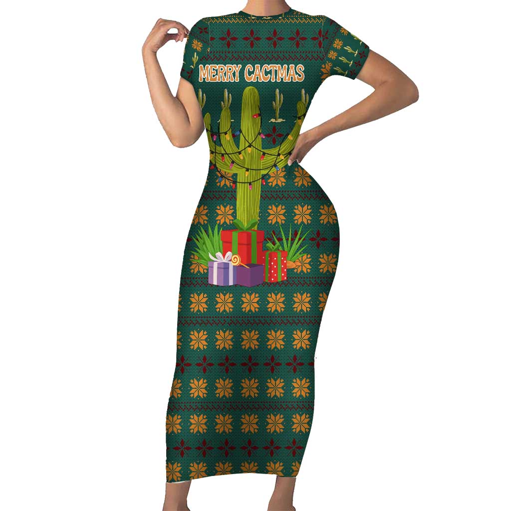Cactus Gifts Christmas Short Sleeve Bodycon Dress Xmas Holiday Patterns - Wonder Print Shop
