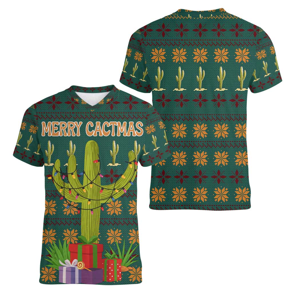 Cactus Gifts Christmas Women V-Neck T-Shirt Xmas Holiday Patterns - Wonder Print Shop