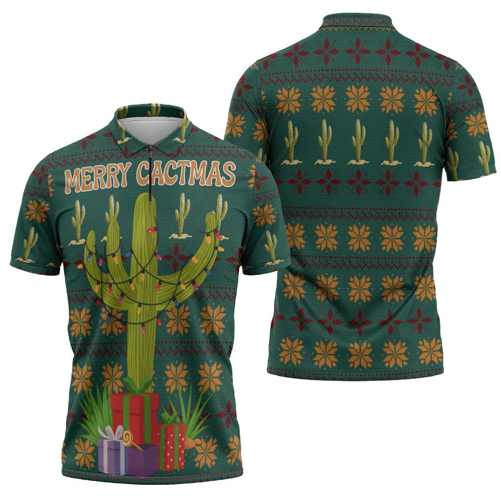 Cactus Gifts Christmas Zipper Polo Shirt Xmas Holiday Patterns - Wonder Print Shop