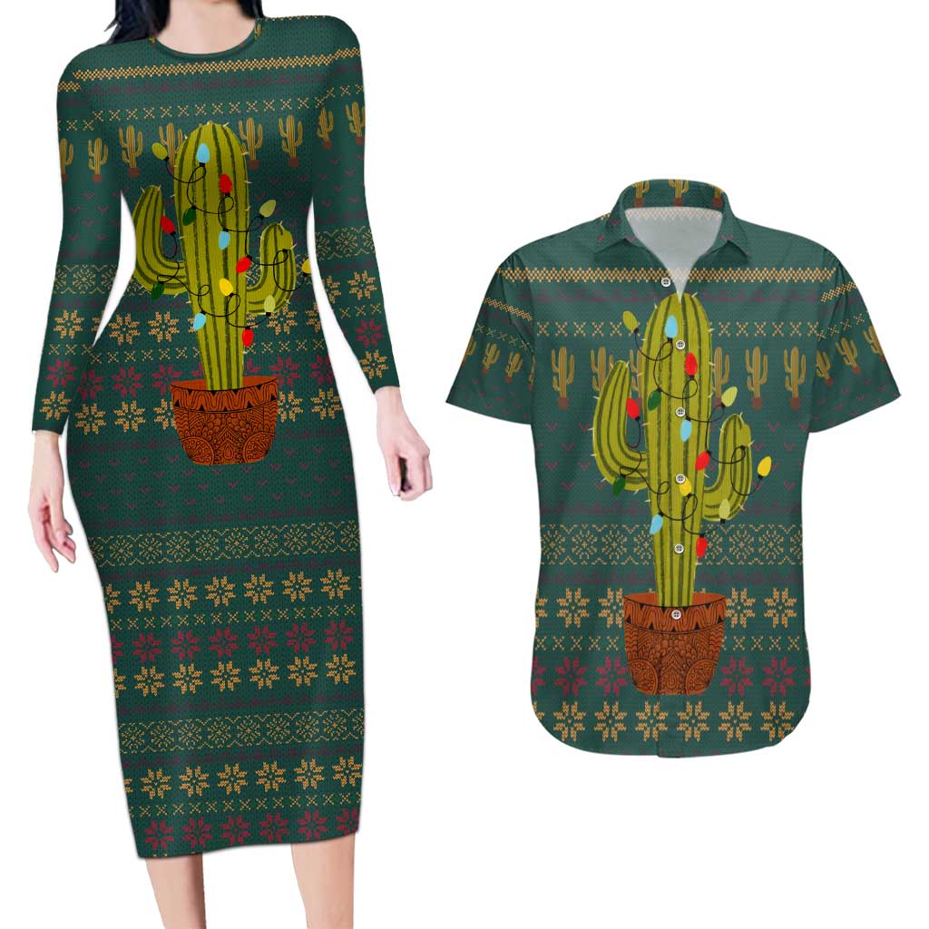 Cactus Christmas Couples Matching Long Sleeve Bodycon Dress and Hawaiian Shirt Xmas Holiday Patterns - Wonder Print Shop
