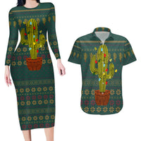 Cactus Christmas Couples Matching Long Sleeve Bodycon Dress and Hawaiian Shirt Xmas Holiday Patterns - Wonder Print Shop