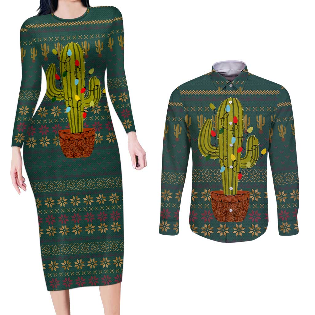 Cactus Christmas Couples Matching Long Sleeve Bodycon Dress and Long Sleeve Button Shirt Xmas Holiday Patterns - Wonder Print Shop