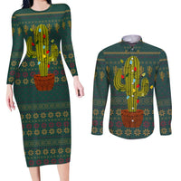 Cactus Christmas Couples Matching Long Sleeve Bodycon Dress and Long Sleeve Button Shirt Xmas Holiday Patterns - Wonder Print Shop