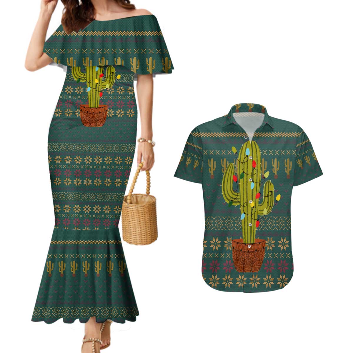 Cactus Christmas Couples Matching Mermaid Dress and Hawaiian Shirt Xmas Holiday Patterns - Wonder Print Shop