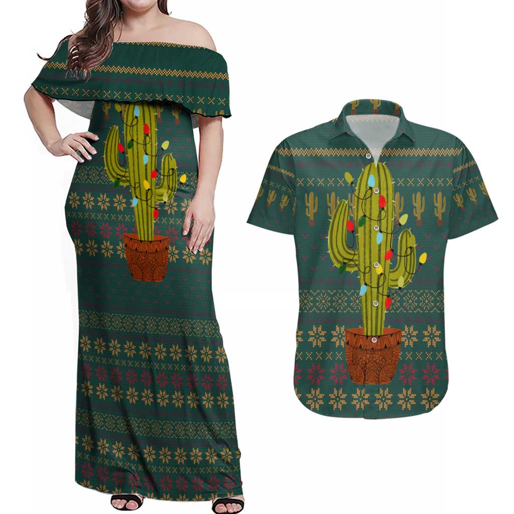 Cactus Christmas Couples Matching Off Shoulder Maxi Dress and Hawaiian Shirt Xmas Holiday Patterns - Wonder Print Shop