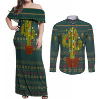 Cactus Christmas Couples Matching Off Shoulder Maxi Dress and Long Sleeve Button Shirt Xmas Holiday Patterns - Wonder Print Shop