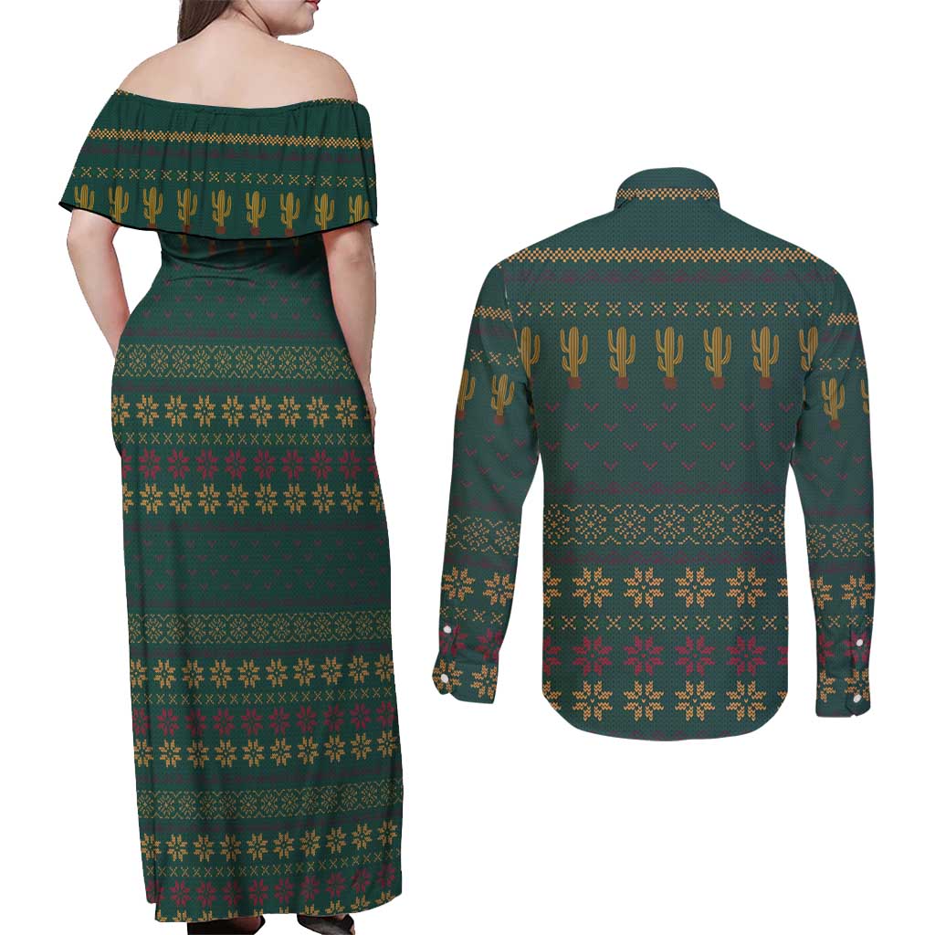 Cactus Christmas Couples Matching Off Shoulder Maxi Dress and Long Sleeve Button Shirt Xmas Holiday Patterns - Wonder Print Shop