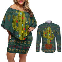 Cactus Christmas Couples Matching Off Shoulder Short Dress and Long Sleeve Button Shirt Xmas Holiday Patterns - Wonder Print Shop