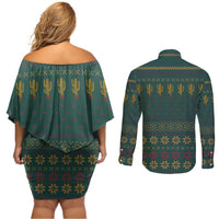 Cactus Christmas Couples Matching Off Shoulder Short Dress and Long Sleeve Button Shirt Xmas Holiday Patterns - Wonder Print Shop