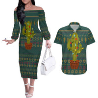 Cactus Christmas Couples Matching Off The Shoulder Long Sleeve Dress and Hawaiian Shirt Xmas Holiday Patterns - Wonder Print Shop