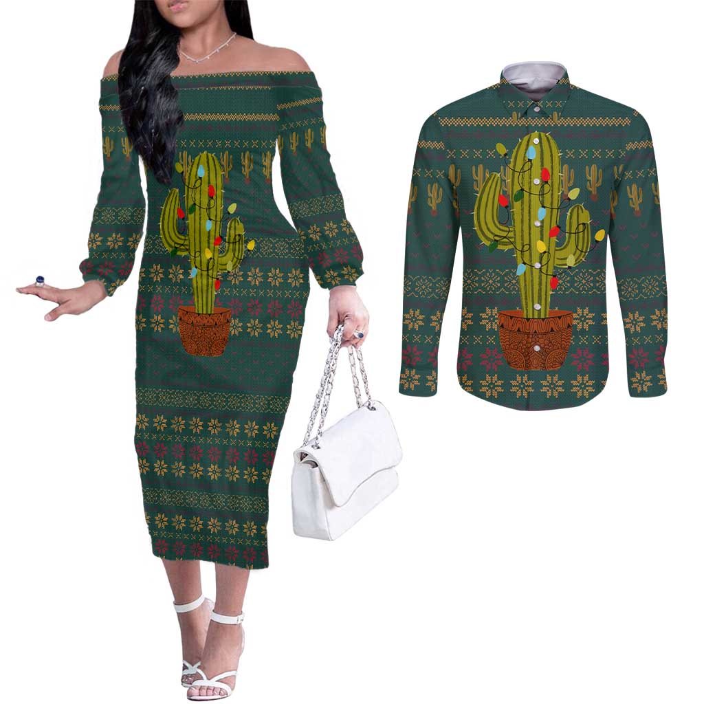 Cactus Christmas Couples Matching Off The Shoulder Long Sleeve Dress and Long Sleeve Button Shirt Xmas Holiday Patterns - Wonder Print Shop