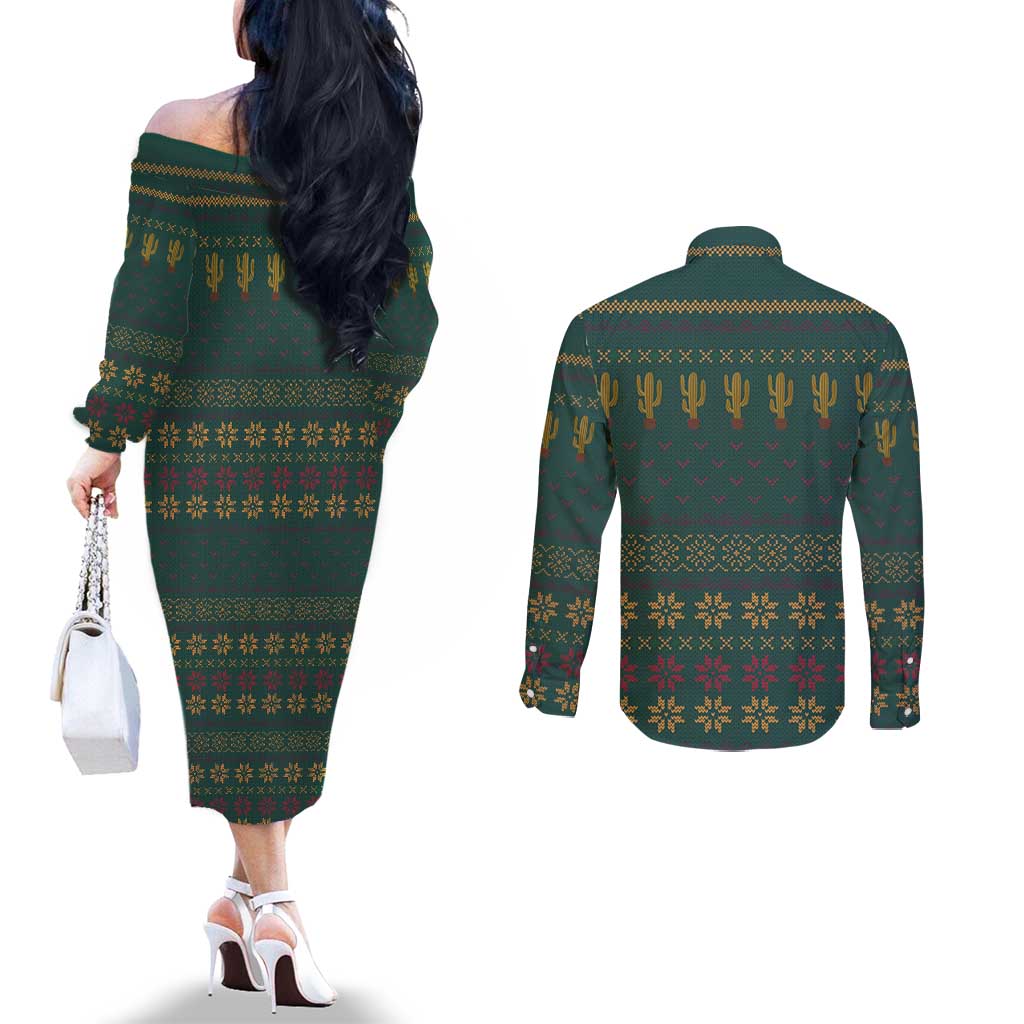 Cactus Christmas Couples Matching Off The Shoulder Long Sleeve Dress and Long Sleeve Button Shirt Xmas Holiday Patterns - Wonder Print Shop