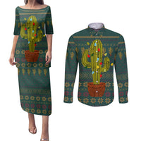 Cactus Christmas Couples Matching Puletasi and Long Sleeve Button Shirt Xmas Holiday Patterns - Wonder Print Shop