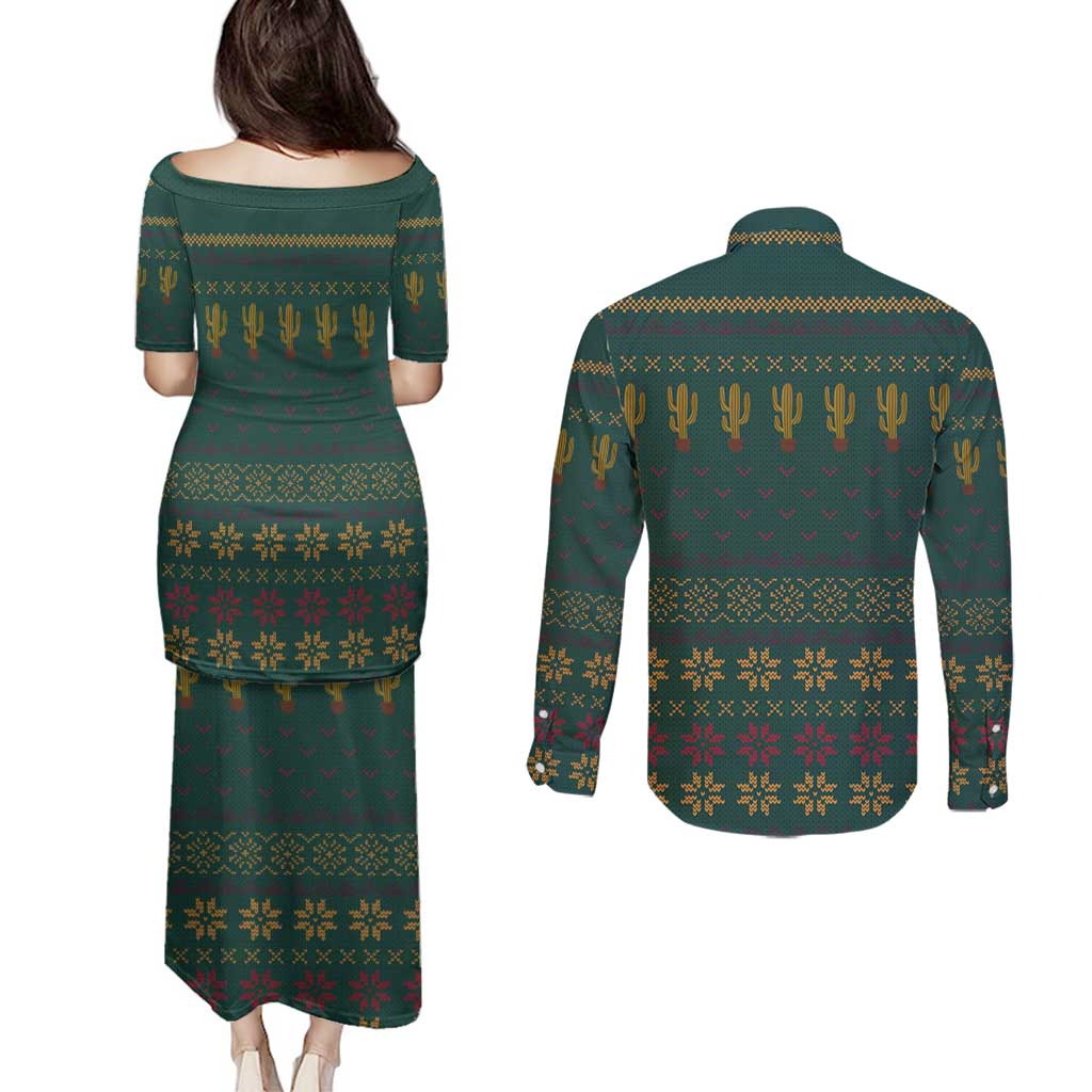 Cactus Christmas Couples Matching Puletasi and Long Sleeve Button Shirt Xmas Holiday Patterns - Wonder Print Shop