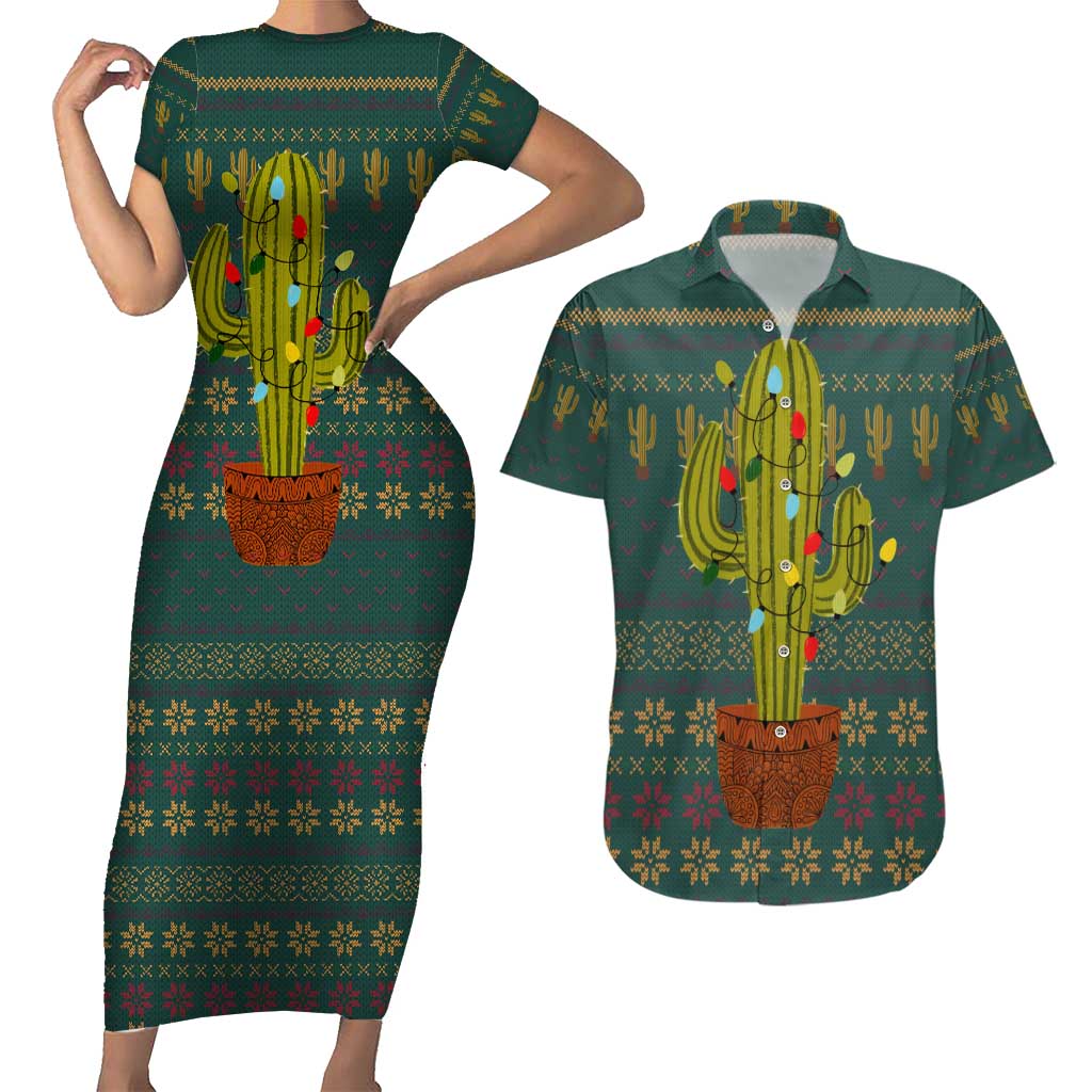 Cactus Christmas Couples Matching Short Sleeve Bodycon Dress and Hawaiian Shirt Xmas Holiday Patterns - Wonder Print Shop