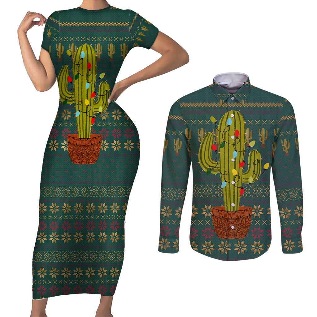 Cactus Christmas Couples Matching Short Sleeve Bodycon Dress and Long Sleeve Button Shirt Xmas Holiday Patterns - Wonder Print Shop