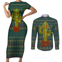 Cactus Christmas Couples Matching Short Sleeve Bodycon Dress and Long Sleeve Button Shirt Xmas Holiday Patterns - Wonder Print Shop
