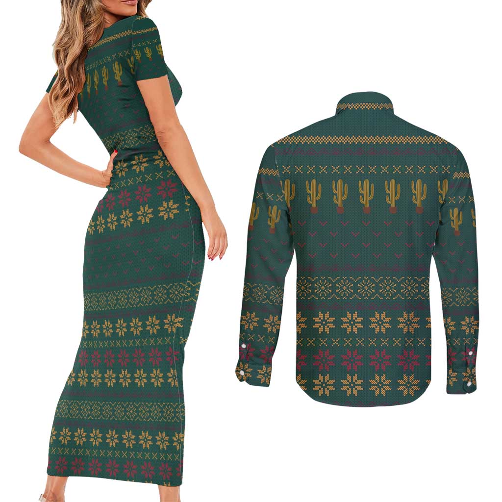 Cactus Christmas Couples Matching Short Sleeve Bodycon Dress and Long Sleeve Button Shirt Xmas Holiday Patterns - Wonder Print Shop