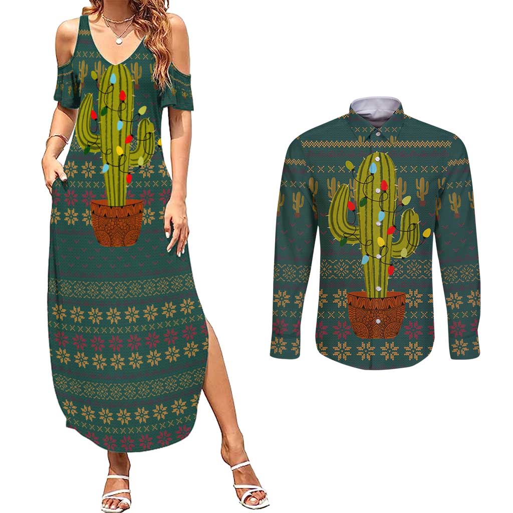 Cactus Christmas Couples Matching Summer Maxi Dress and Long Sleeve Button Shirt Xmas Holiday Patterns - Wonder Print Shop