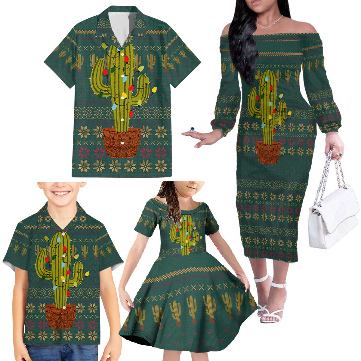 Cactus Christmas Family Matching Off The Shoulder Long Sleeve Dress and Hawaiian Shirt Xmas Holiday Patterns - Wonder Print Shop