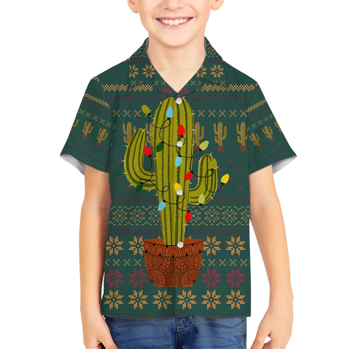 Cactus Christmas Family Matching Off The Shoulder Long Sleeve Dress and Hawaiian Shirt Xmas Holiday Patterns - Wonder Print Shop